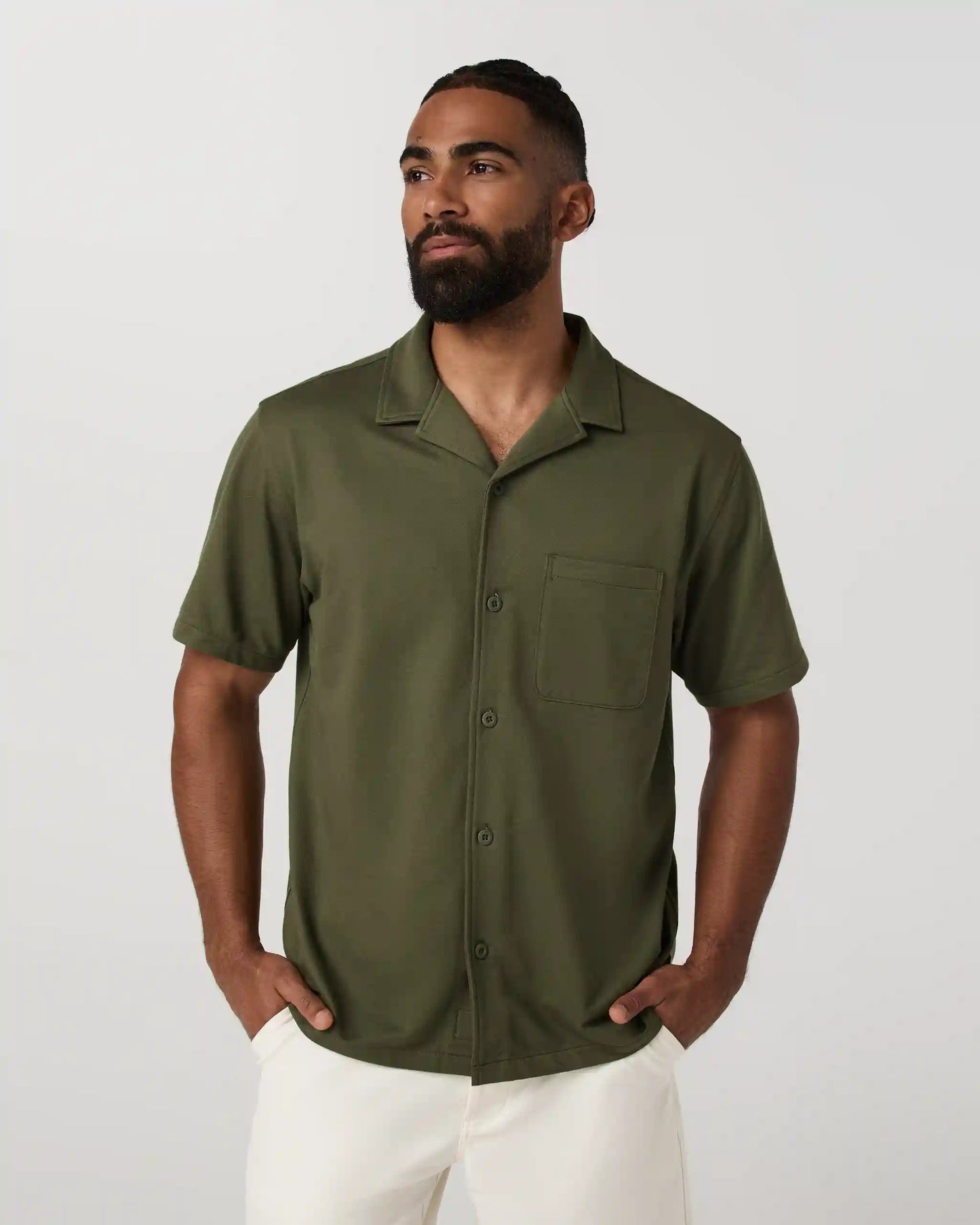 Short Sleeve Knit Oxford Camp Collar Button Down