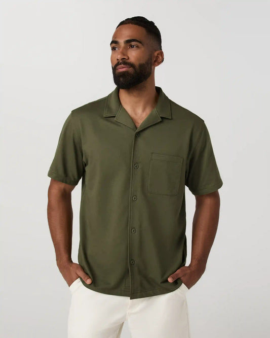 Short Sleeve Knit Oxford Camp Collar Button Down